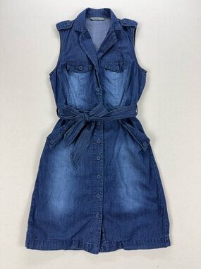 Smart Set Y2K Denim Shirt Dress Button Front Belted Jean Mini 90s Sleeveless